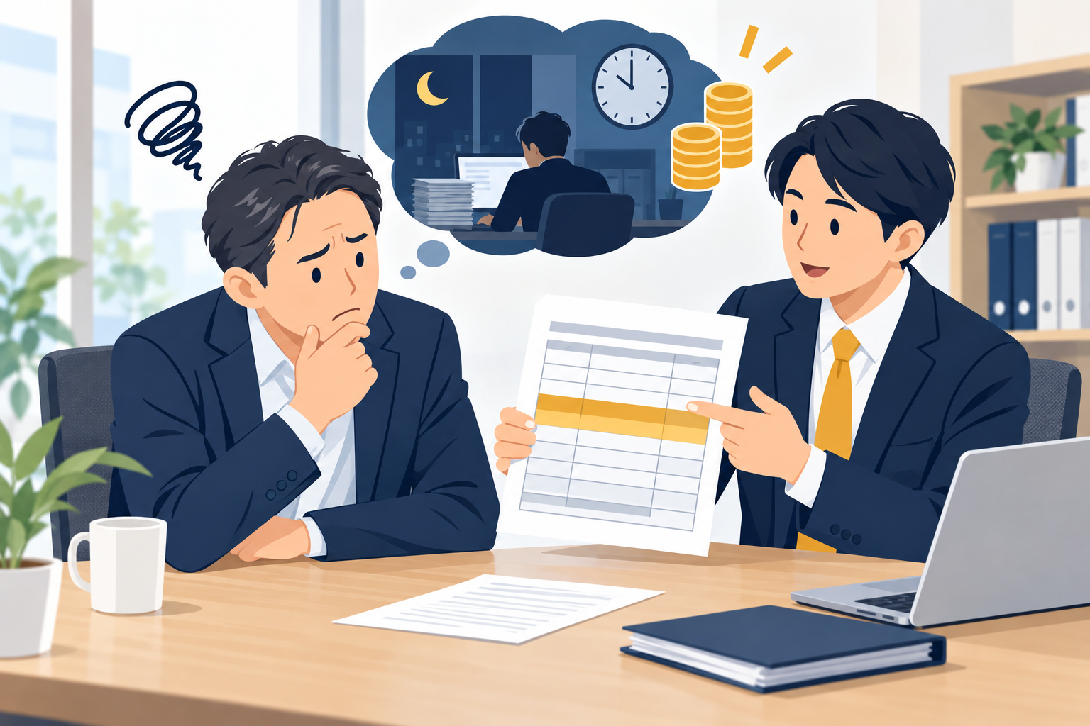固定残業代の時間数の根拠を問われて考え込む経営者のイメージ