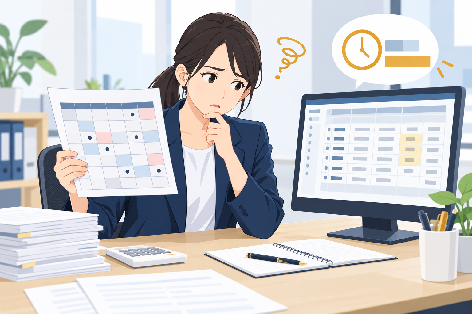 変形労働時間制のシフト表と残業時間の計算を見比べるイメージ