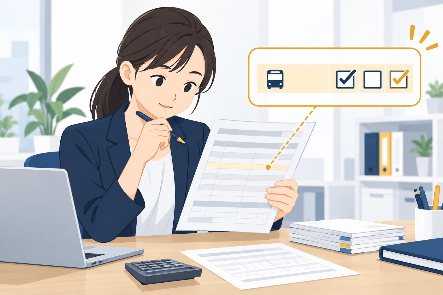 非課税の通勤手当を社会保険・労働保険の対象に入れるか確かめる給与担当者のイメージ