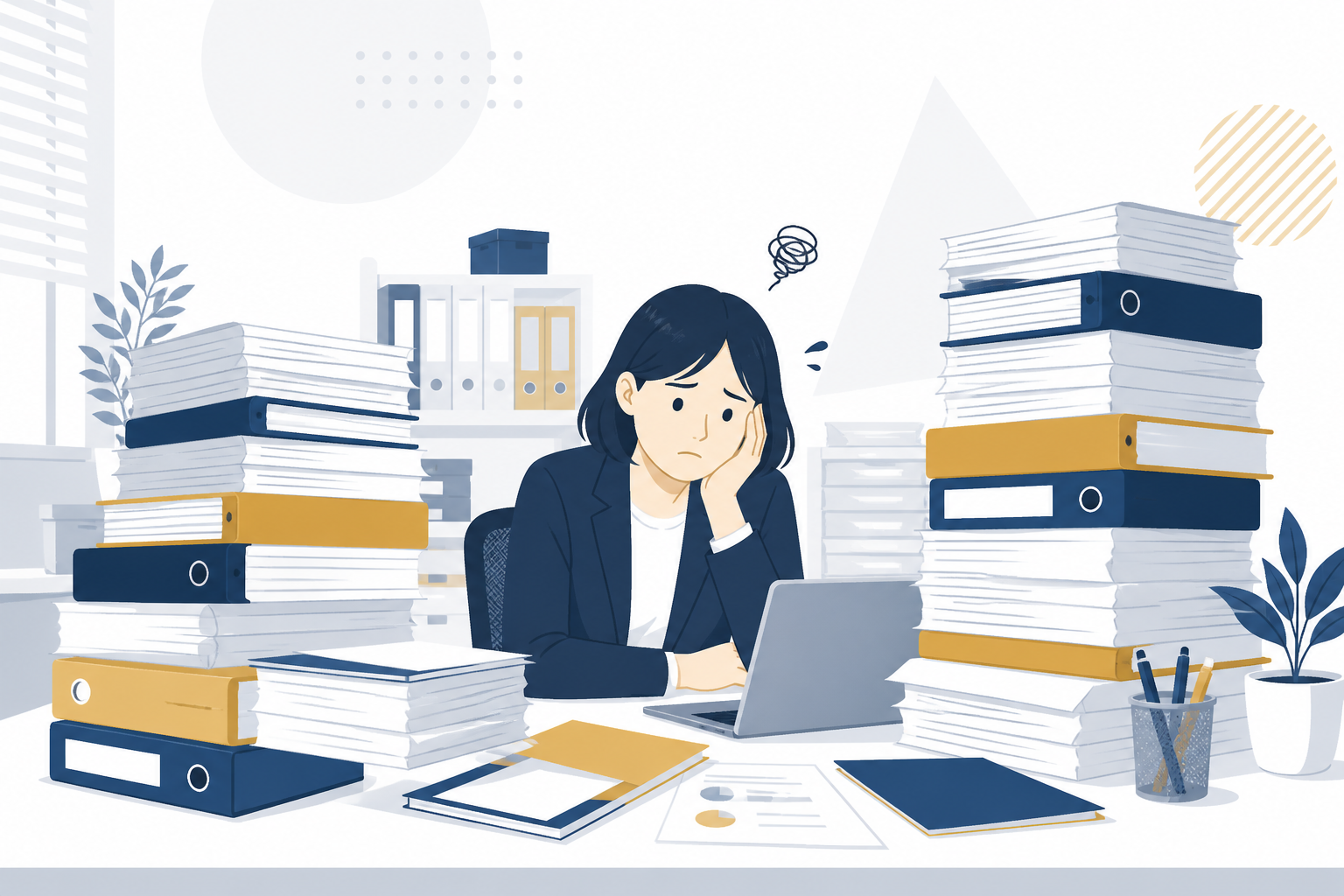 人事労務の担当がひとりに集中し書類に埋もれる中小企業の担当者のイメージ
