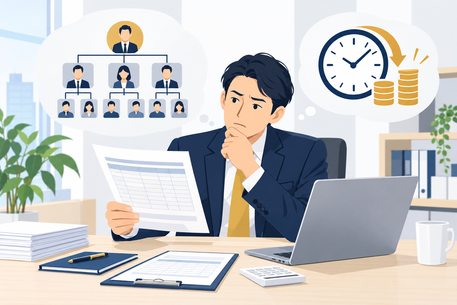 管理職の残業代を払わずに済むか悩む中小企業の社長のイメージ