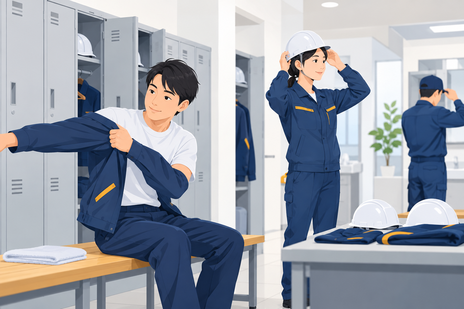 始業前の着替えの時間が労働時間に当たるかを考える工場の更衣室のイメージ