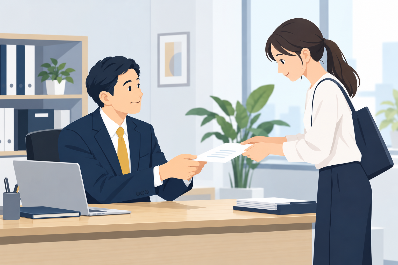社員から休職の申し出と診断書を受け取る会社の担当者のイメージ