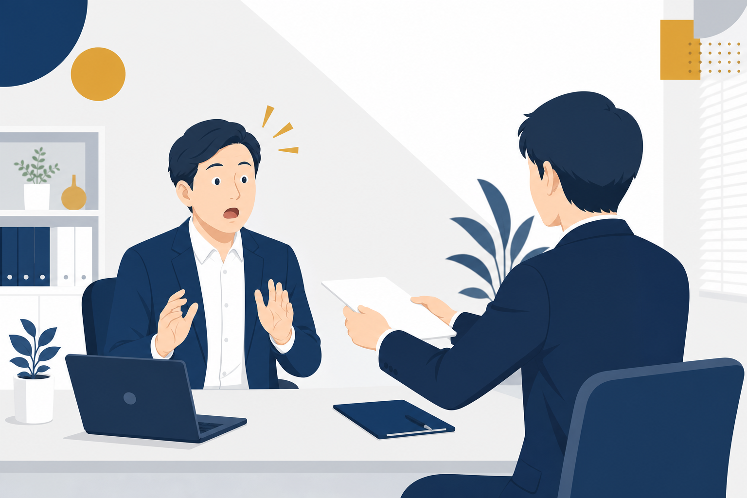社員から突然の退職を告げられて動揺する中小企業経営者のイメージ
